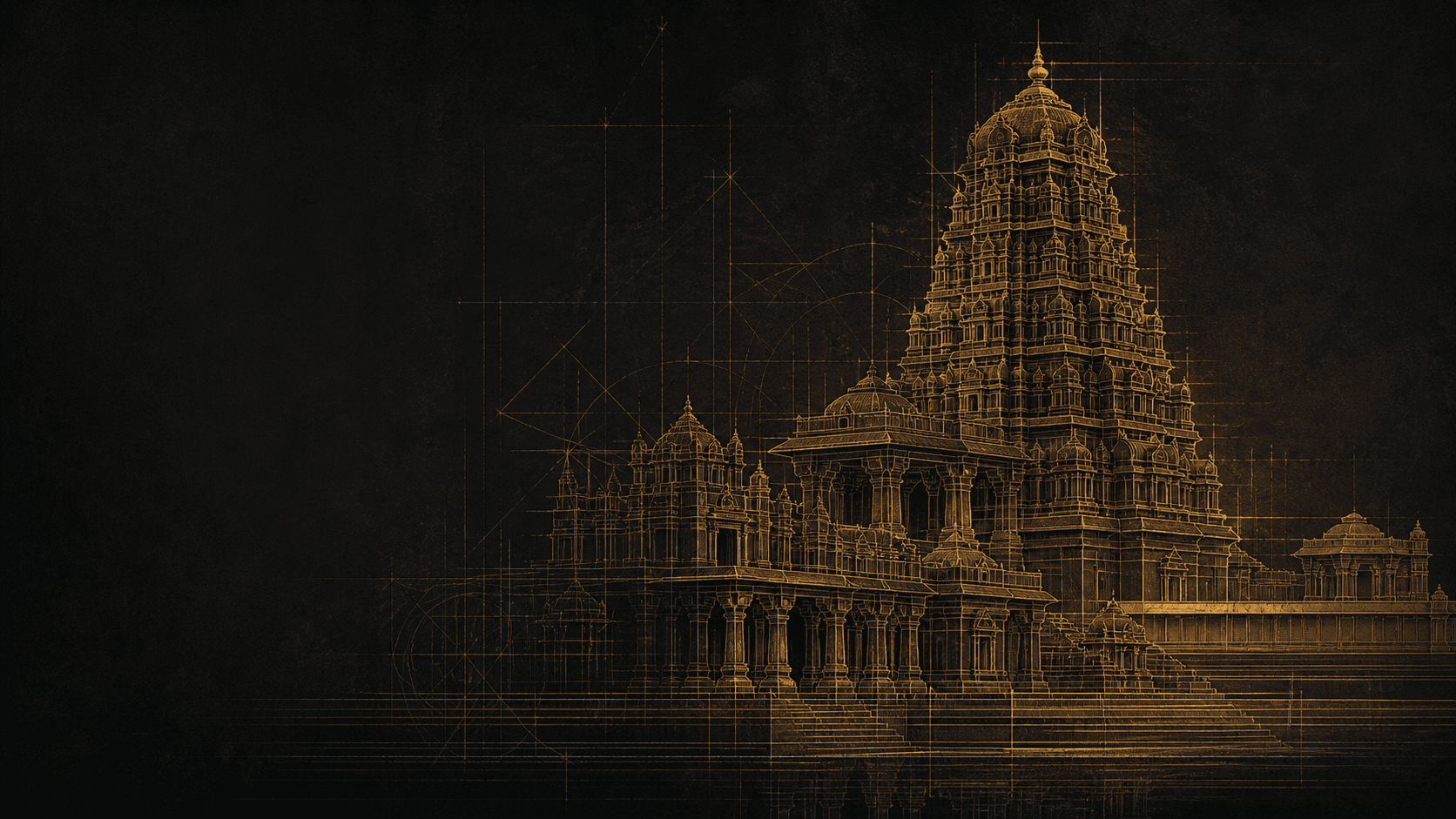 Gold-line architectural vision of the temple campus