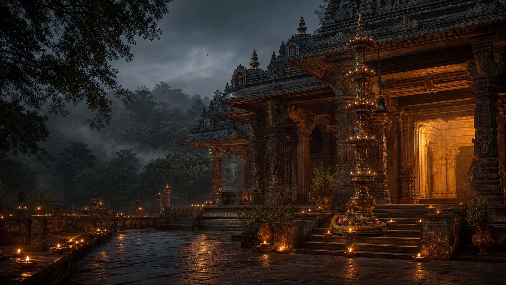 Lamp-lit temple threshold in the landscape of Uttara Kannada